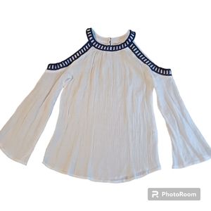 Mine Cutout shoulder blouse long sleeve size S white blue